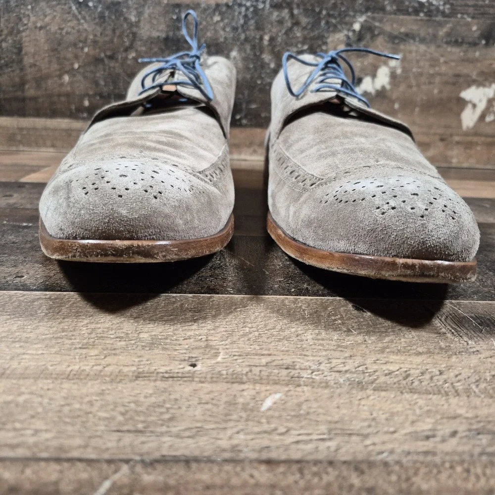 Hugo Boss Oxford Dress Shoes Men 12 Brown Suede Wingtip Made in Italy Blue Laces